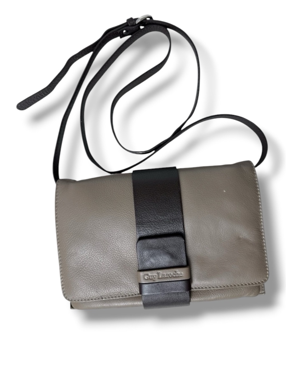 Guy Laroche Designer Leather Crossbody Bag Beige‑Grey and Dark Brown
